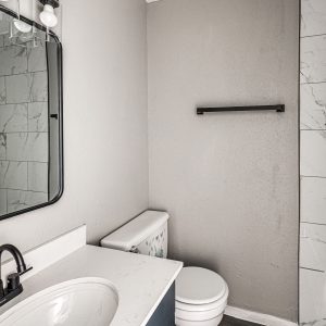 Bathroom with marble tile shower, black fixtures, vanity sink, and toilet with floral tank cover