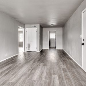 Empty apartment living area with wood-look flooring, white closet doors, and hallway leading to kitchen