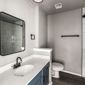 Bathroom with black framed mirror, blue vanity, white quartz counter, toilet, and marble tile shower