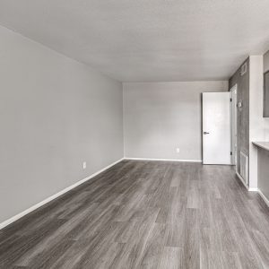 Empty living room with gray plank flooring, white door, and a breakfast bar counter